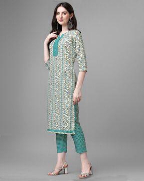 paisley print straight kurta suit set