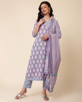 paisley print straight kurta with pants & dupatta