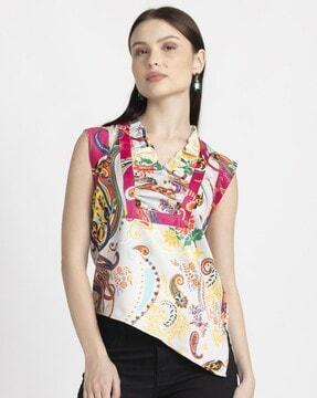 paisley print top with ruffled v-neck