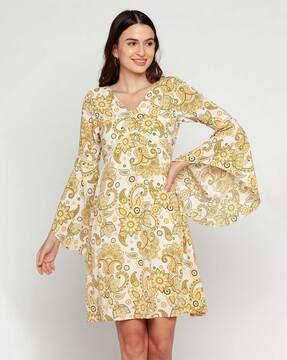 paisley print v-neck a-line dress