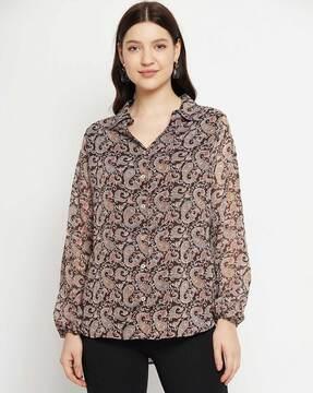 paisley print v-neck button-down shirt