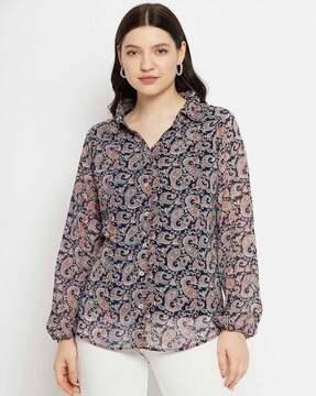 paisley print v-neck button-down shirt