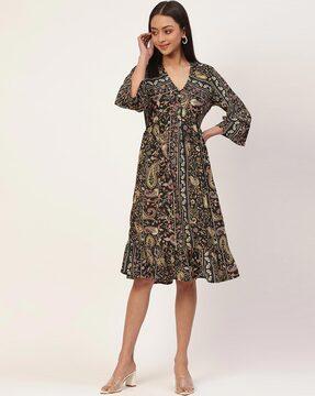 paisley print v-neck fit & flare dress