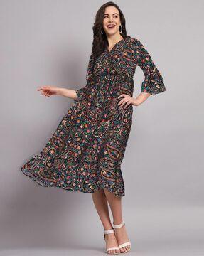 paisley print v-neck fit & flare dress