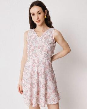 paisley print v-neck fit & flare dress