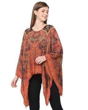 paisley print v-neck pleated poncho shrug