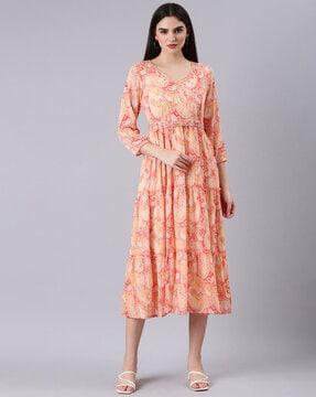 paisley print v-neck tiered dress with belt