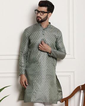 paisley woven long kurta with band collar