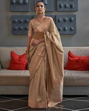 paisley woven saree with contrast zari border & tassels