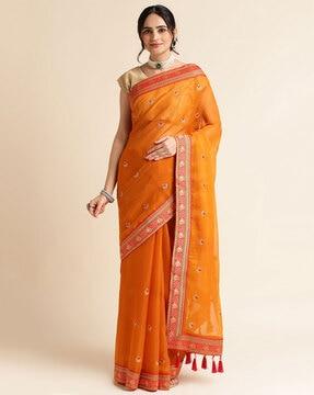 paisley woven saree with tassels