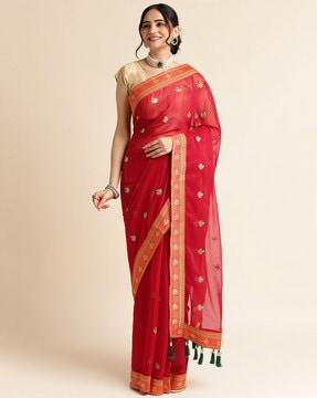 paisley woven saree with tassels