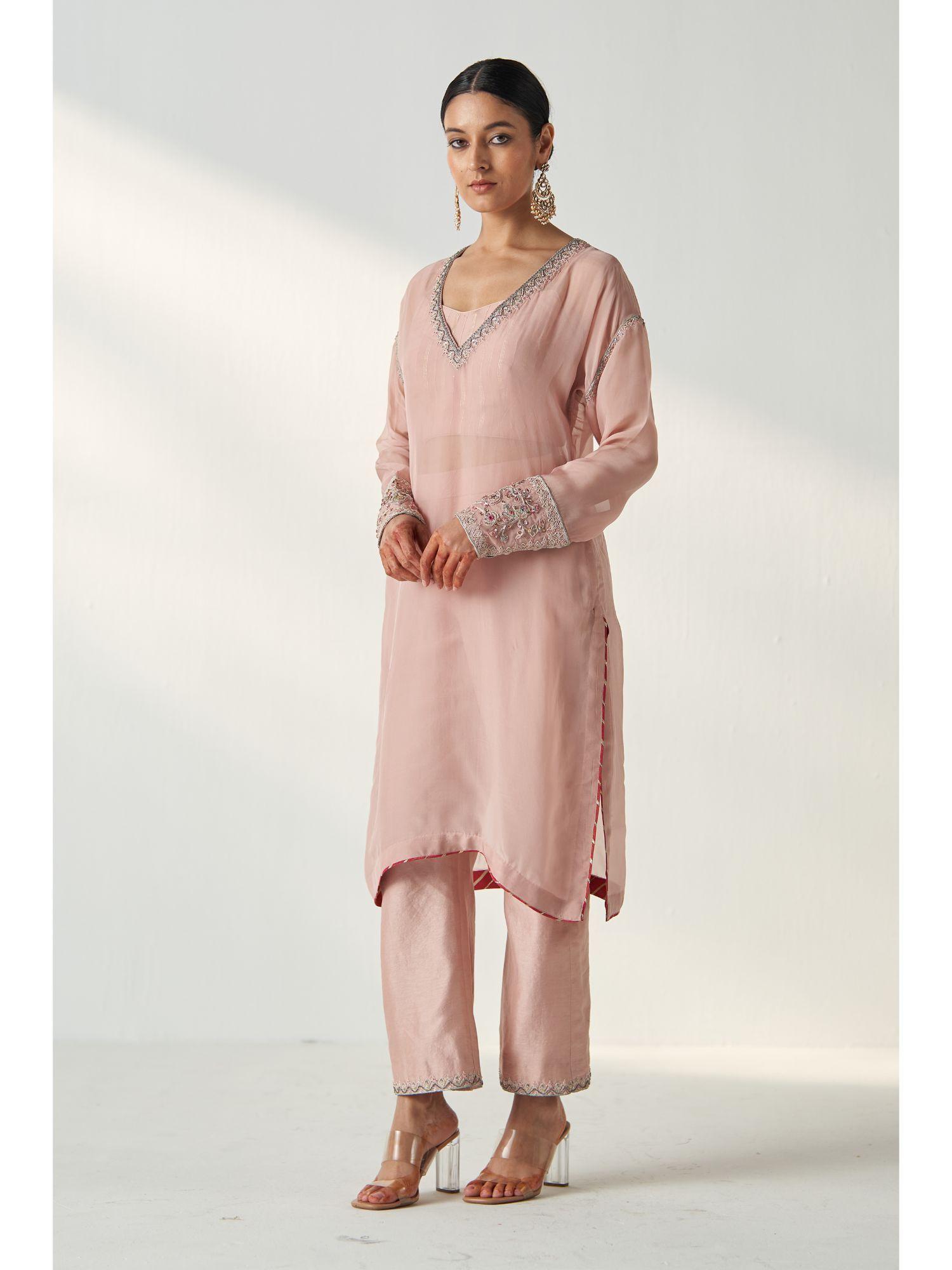 pakhi pink kurta with pant and inner (set of 3)