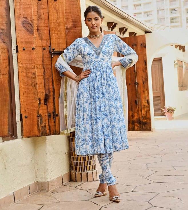 palak & mehak blue & white floral arzoi adah anarkali with chudidar and odhani