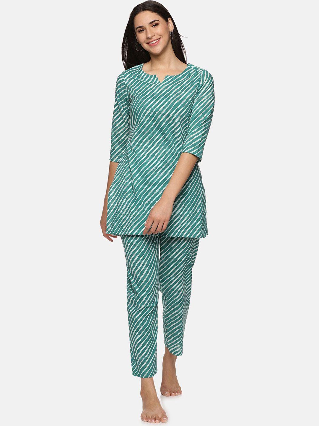 palakh women green & white printed pure cotton night suit