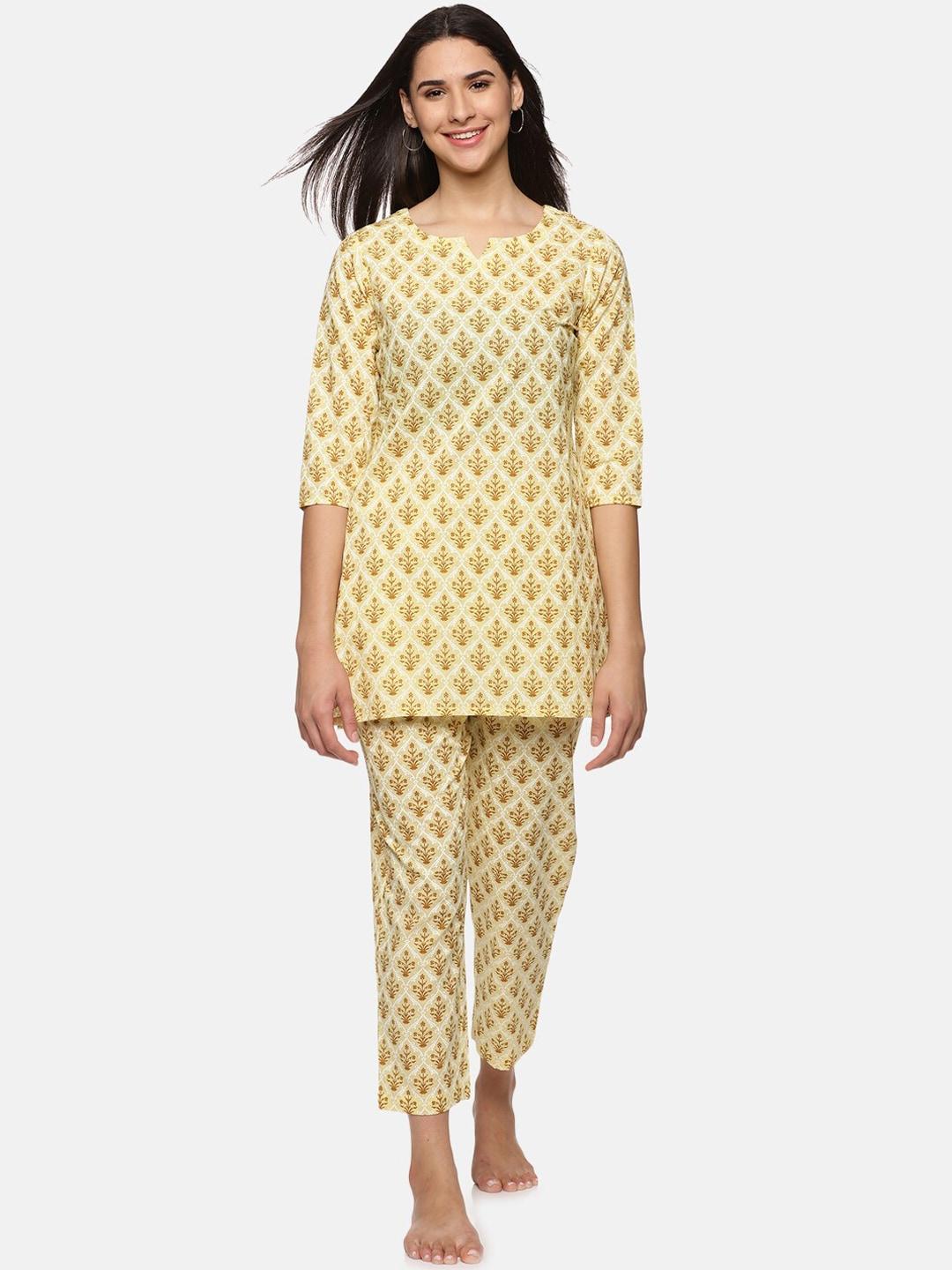 palakh women mustard & white printed pure cotton night suit