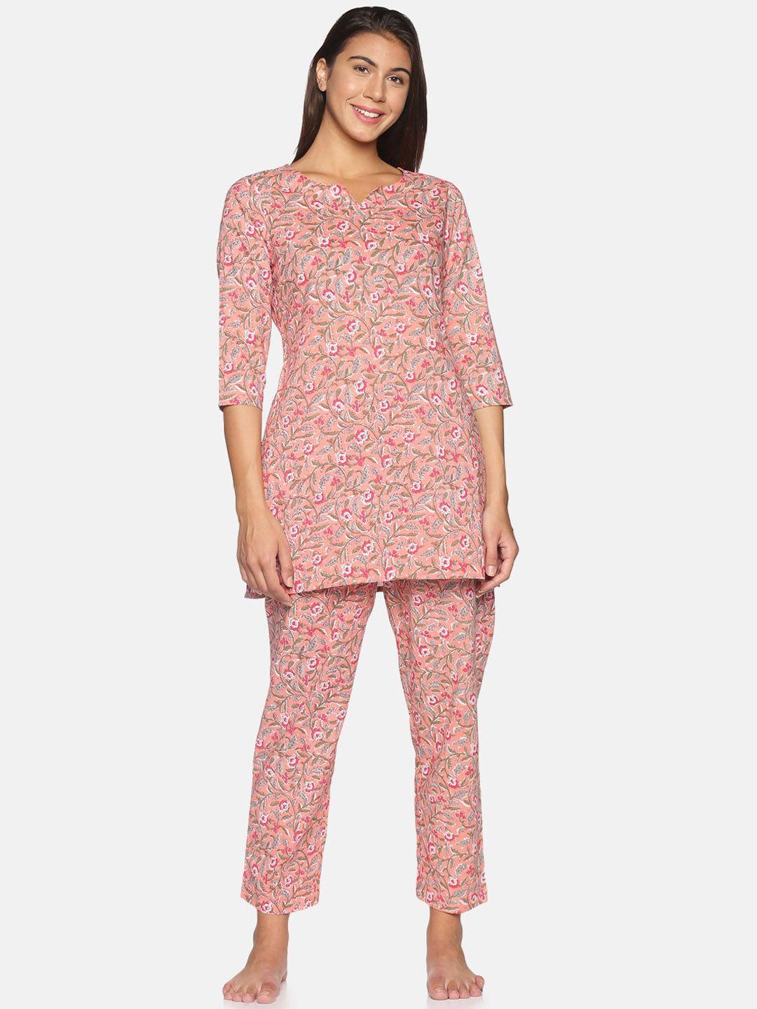 palakh-women-peach-coloured-&-green-cotton-printed-night-suit