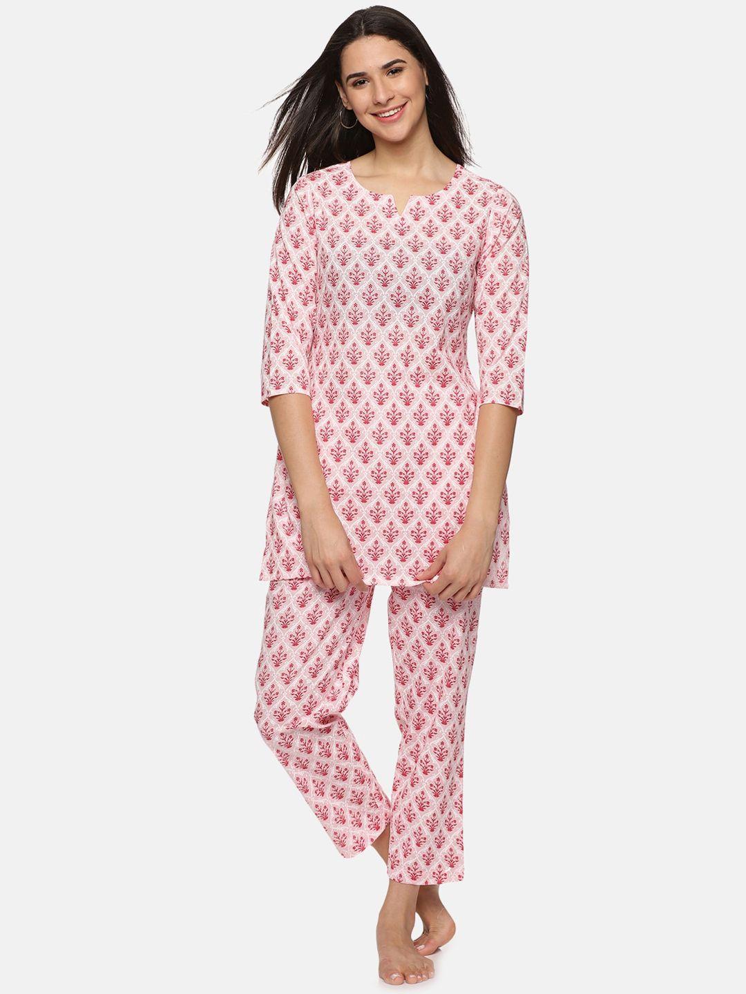 palakh women pink & white printed pure cotton night suit