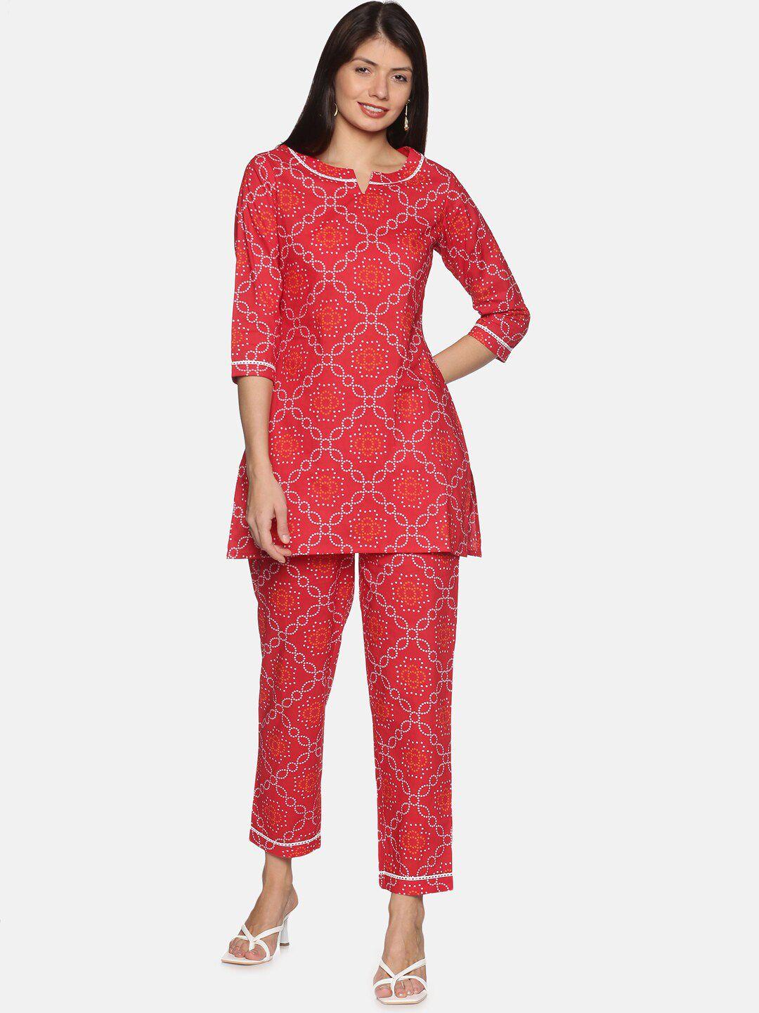 palakh women red & white printed night suit