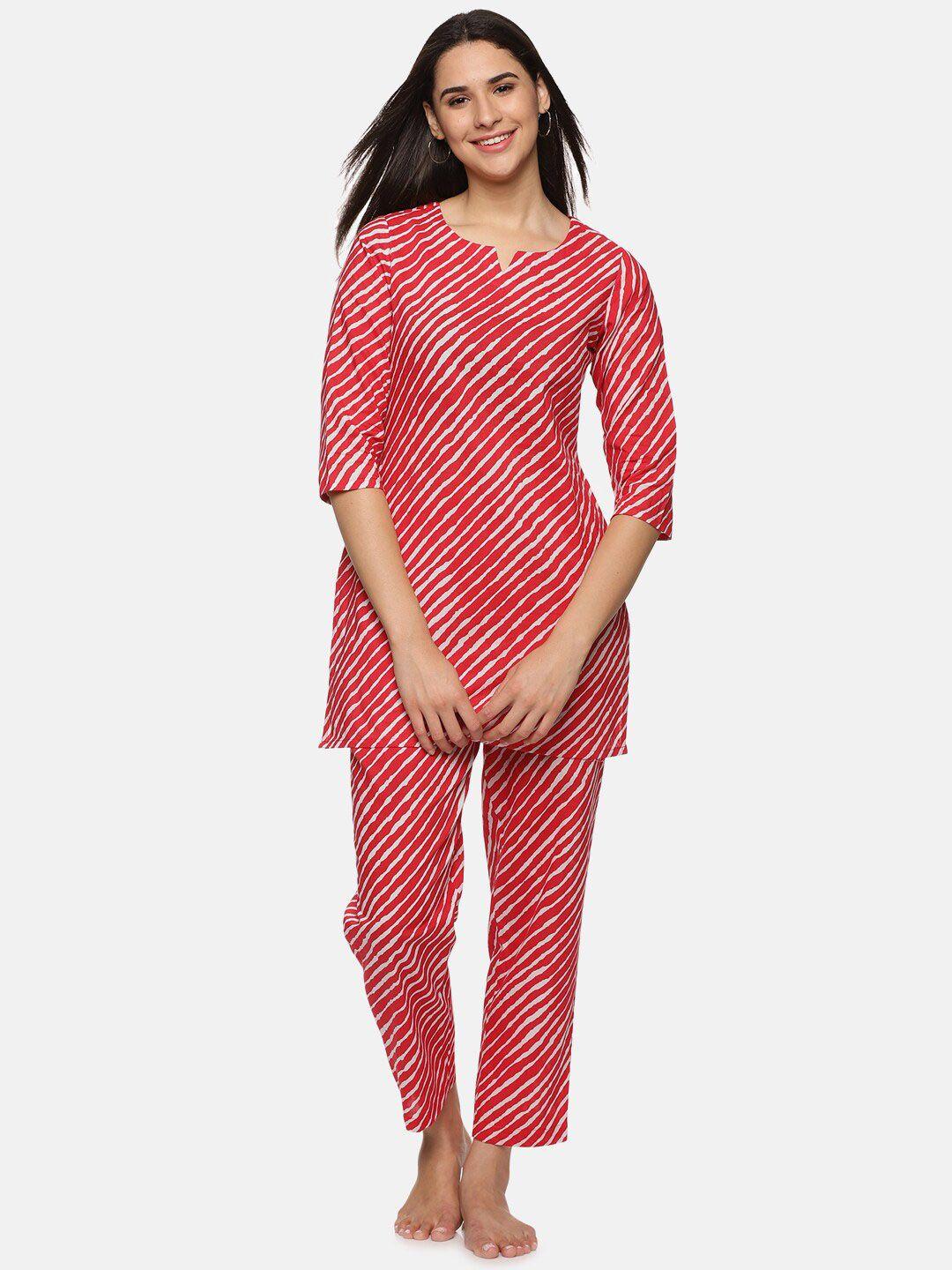 palakh women red & white printed pure cotton night suit