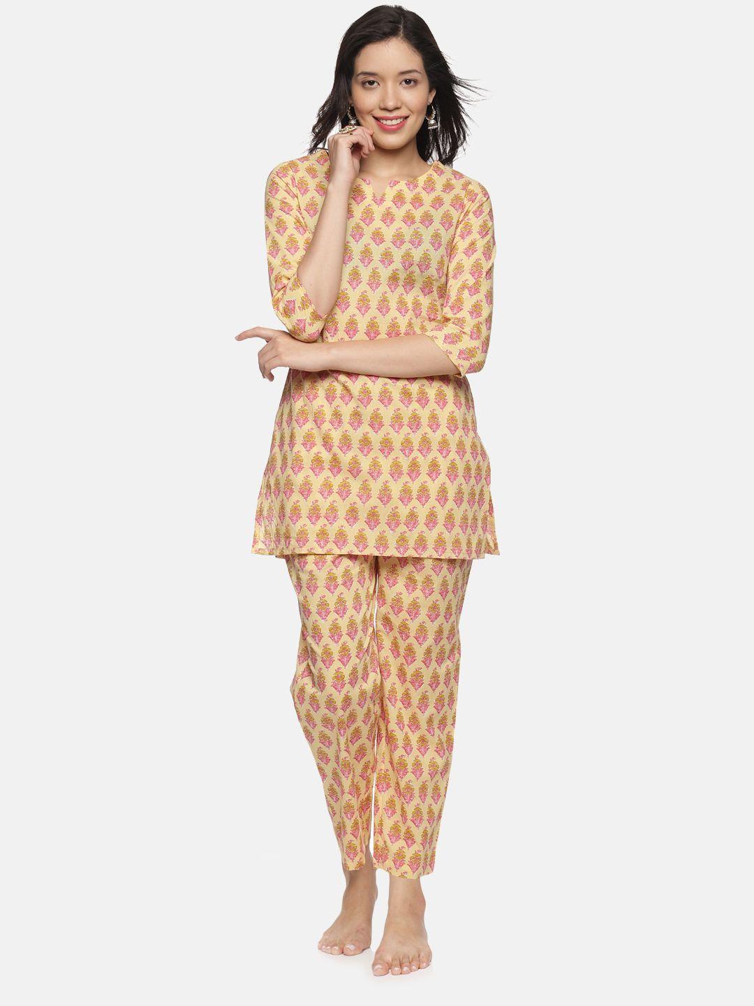 palakh women yellow & pink printed pure cotton night suit