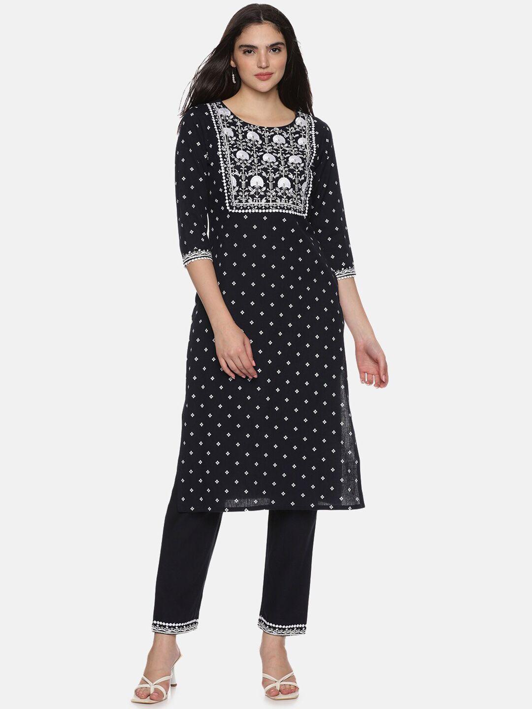 palakh ethnic motifs printed thread work pure cotton kurta & trousers