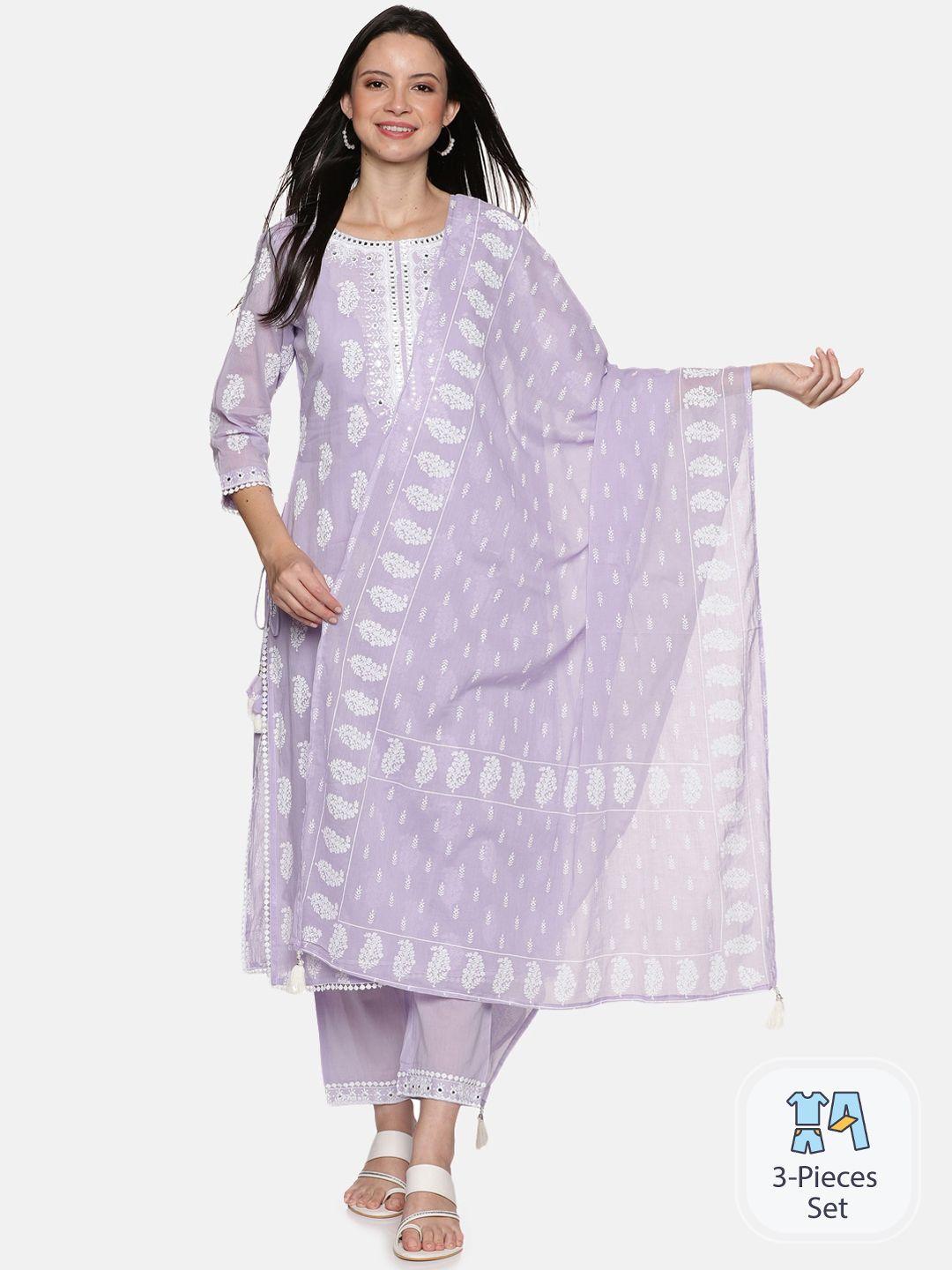 palakh ethnic motifs printed thread work regular pure cotton kurta with trousers & dupatta