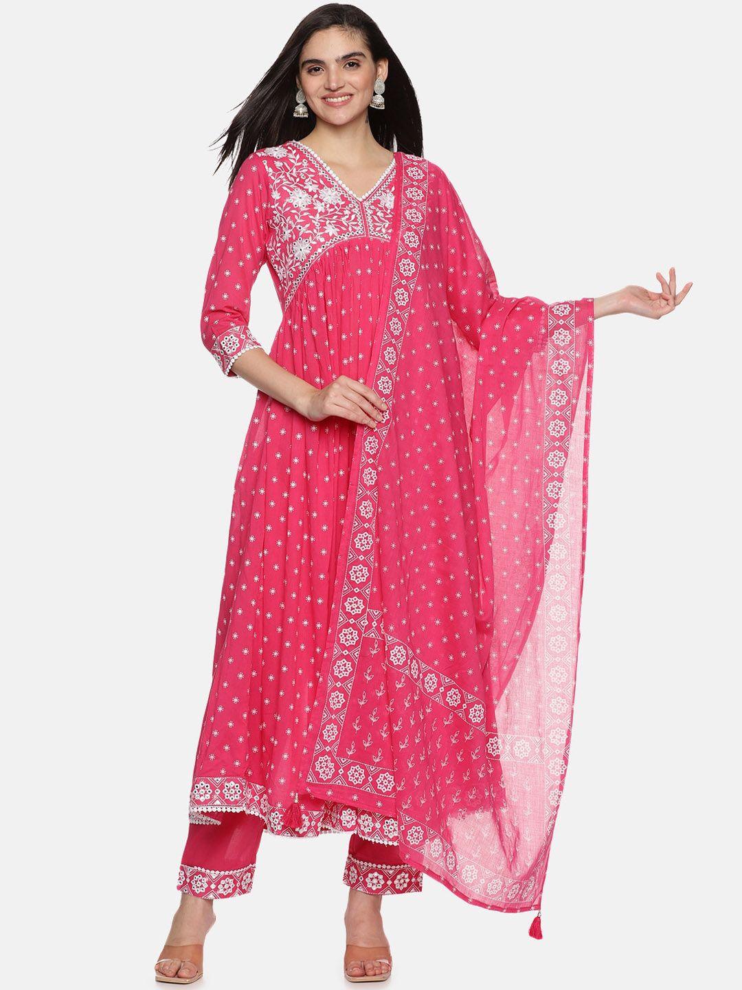 palakh floral embroidered pleated pure cotton kurta with trousers & dupatta