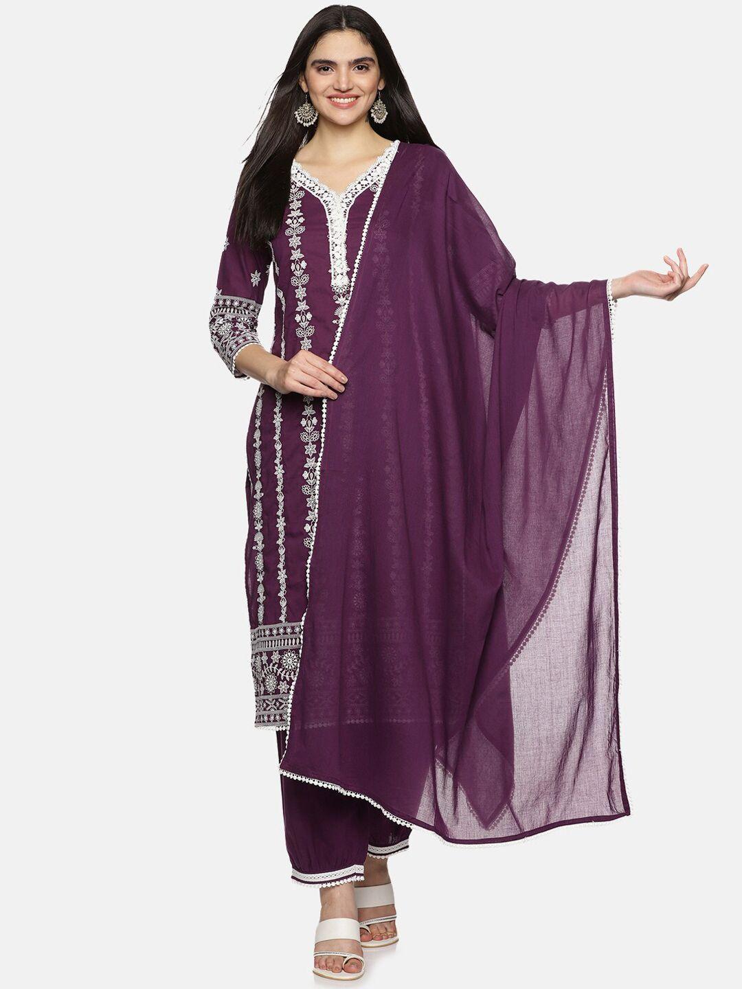 palakh floral embroidered thread work pure cotton straight kurta & trousers with dupatta