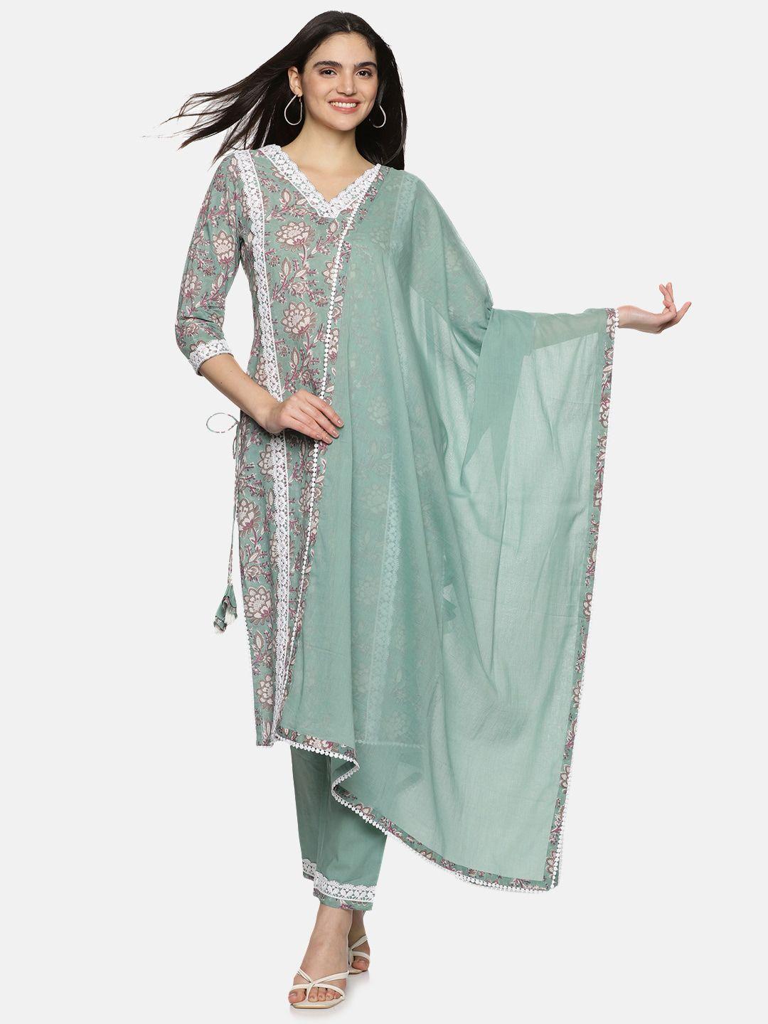 palakh floral printed mirror work pure cotton kurta with trousers & dupatta