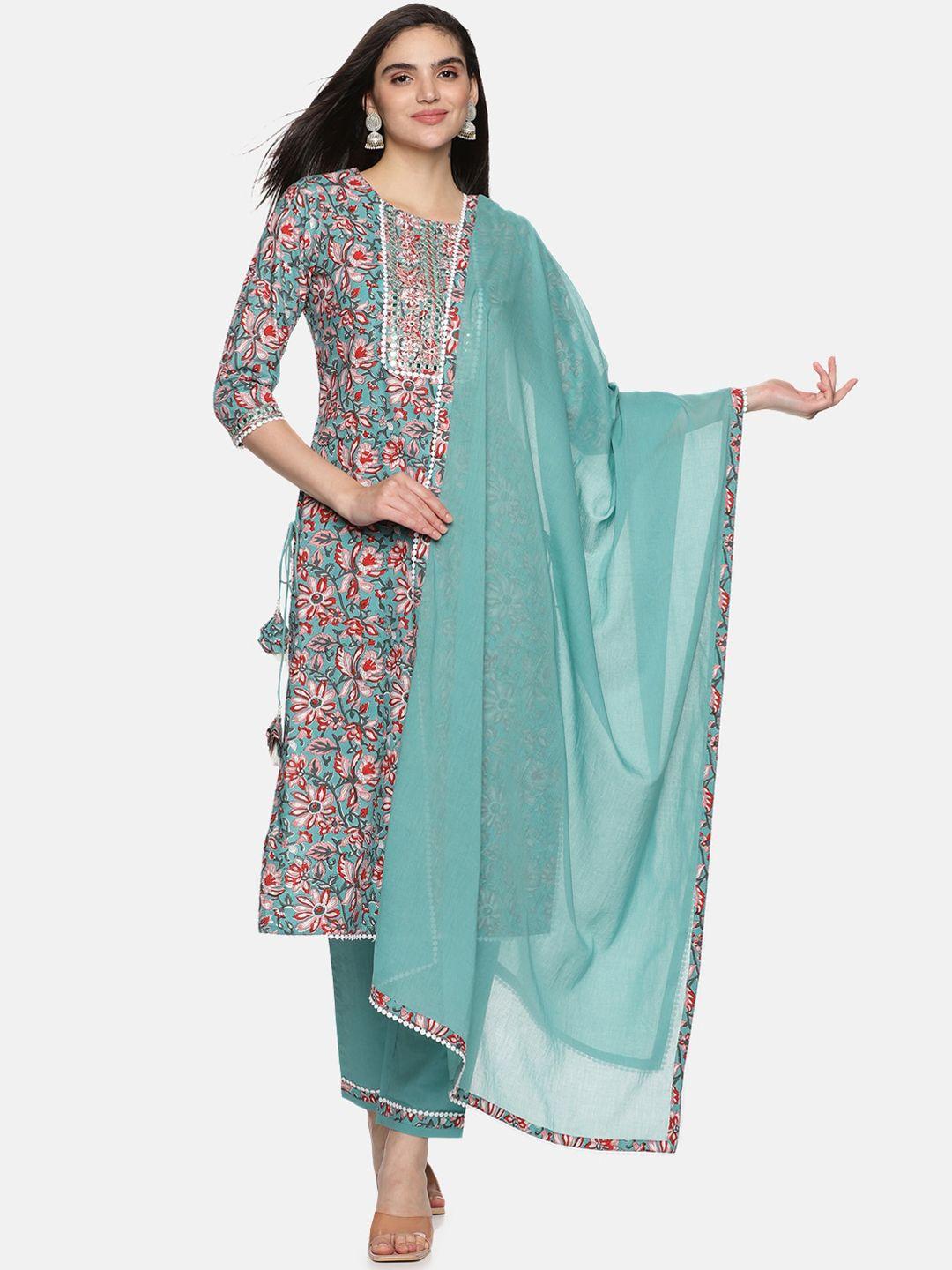 palakh floral printed mirror work pure cotton straight kurta with trousers & dupatta