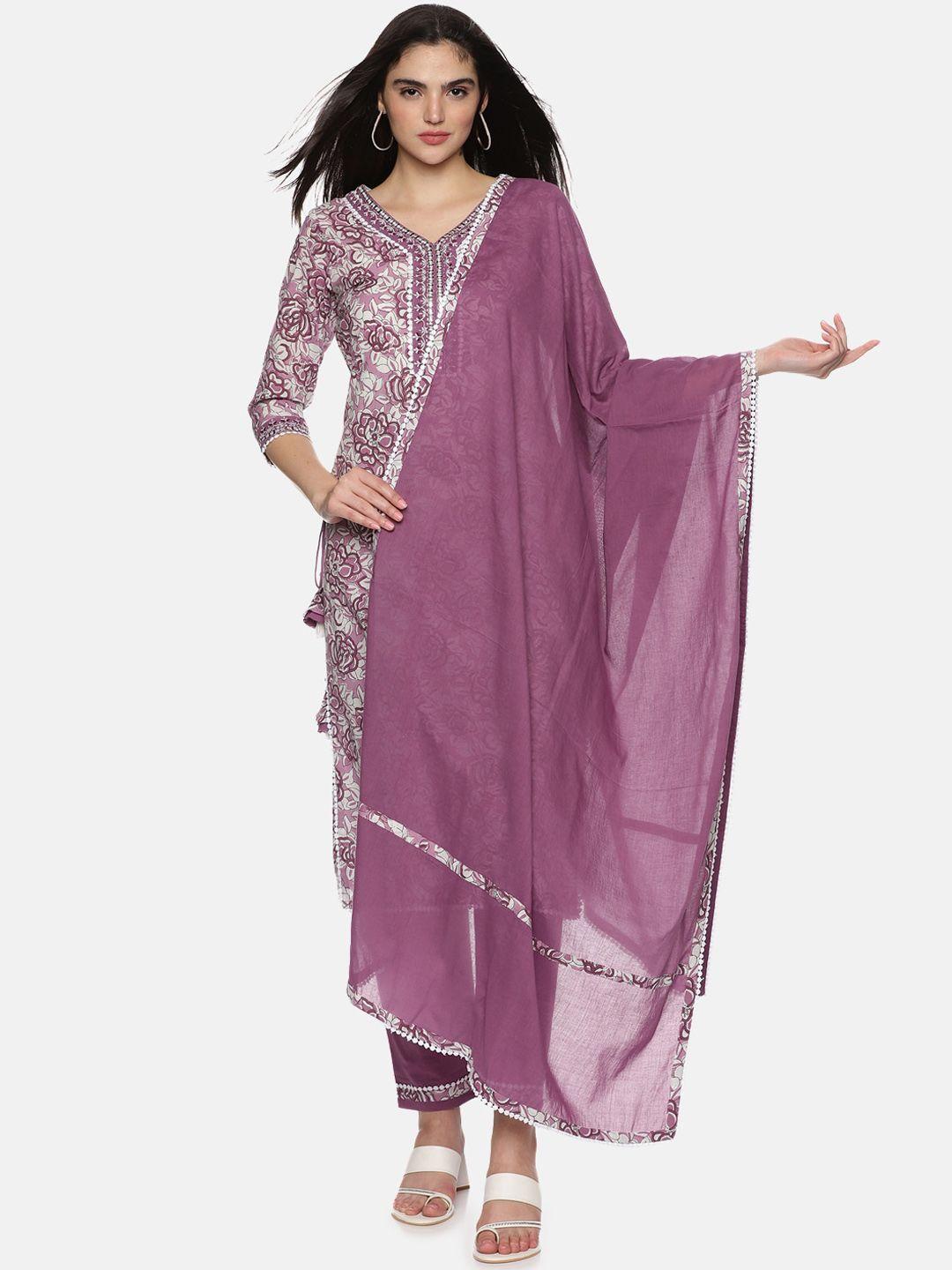 palakh floral printed mirror work pure cotton straight kurta with trousers & dupatta