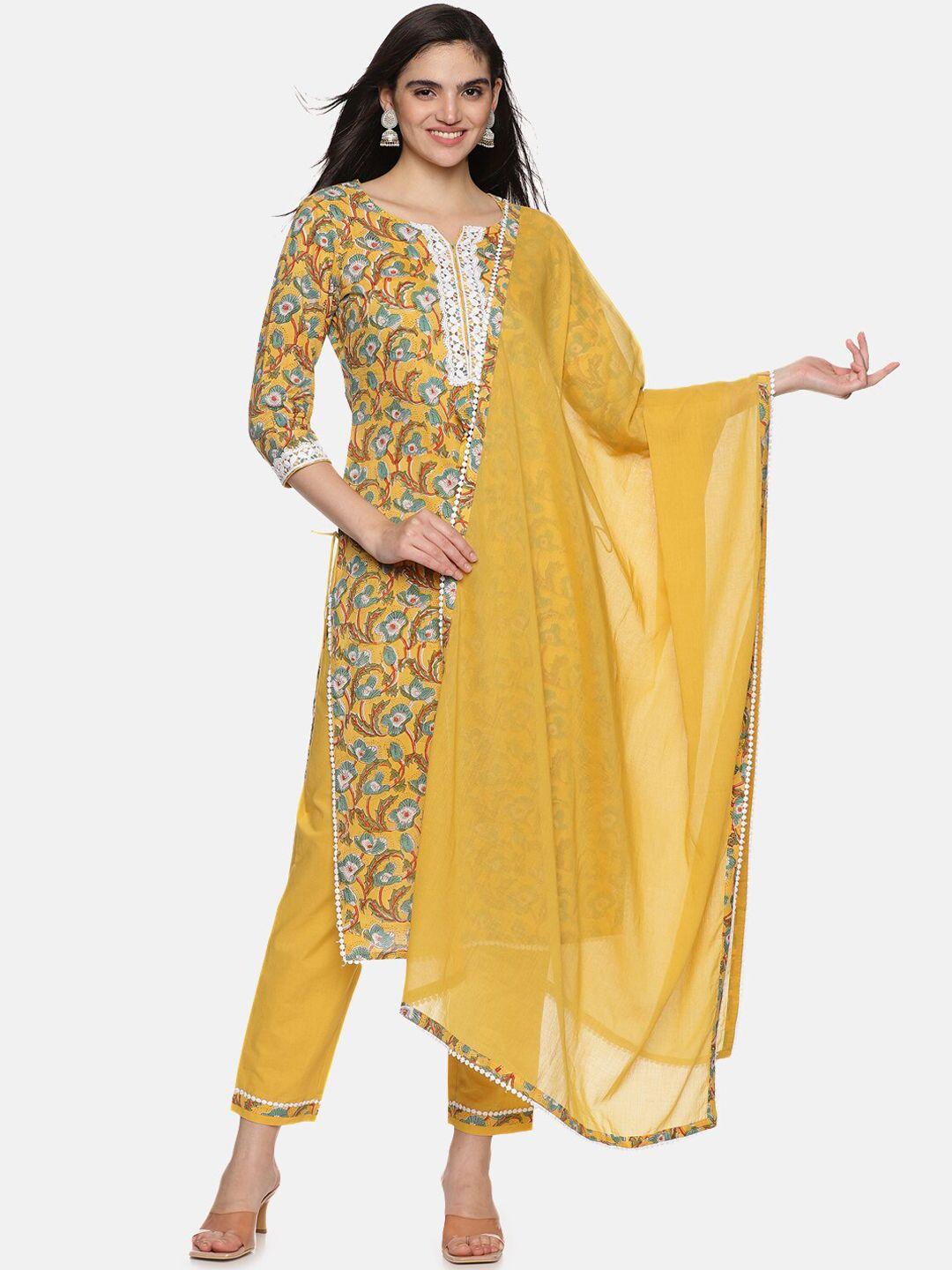 palakh floral printed pure cotton straight kurta with trousers & dupatta