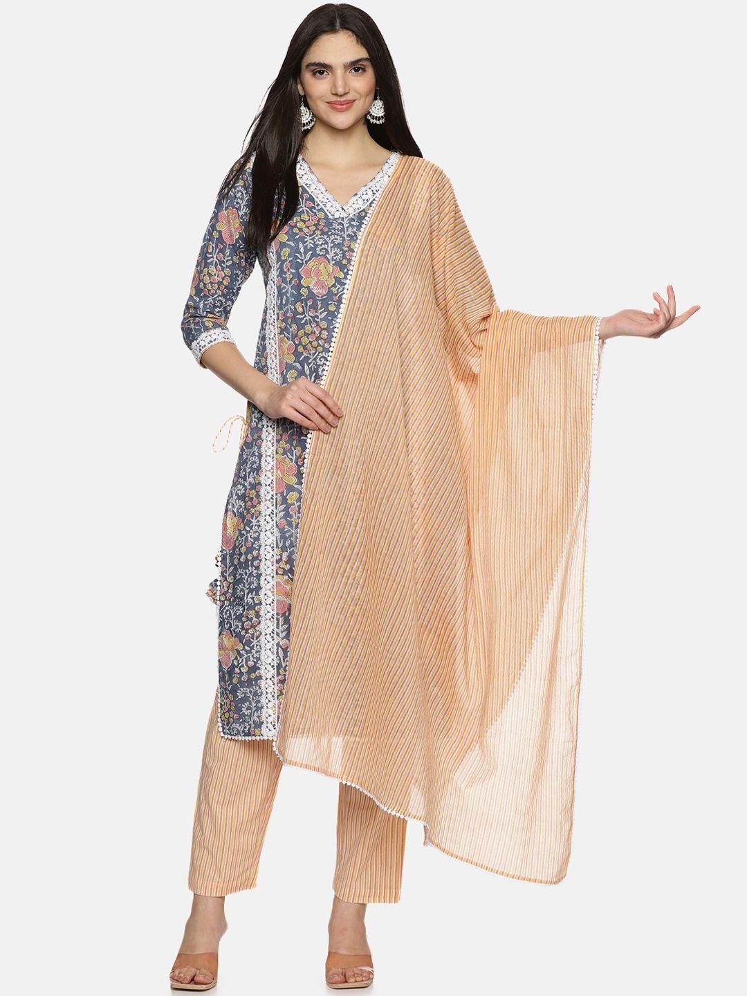palakh floral printed pure cotton straight kurta with trousers & dupatta