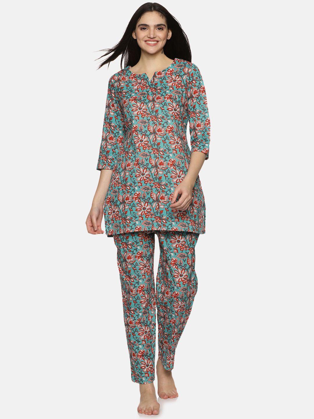 palakh floral printed round neck pure cotton kurti & pyjama