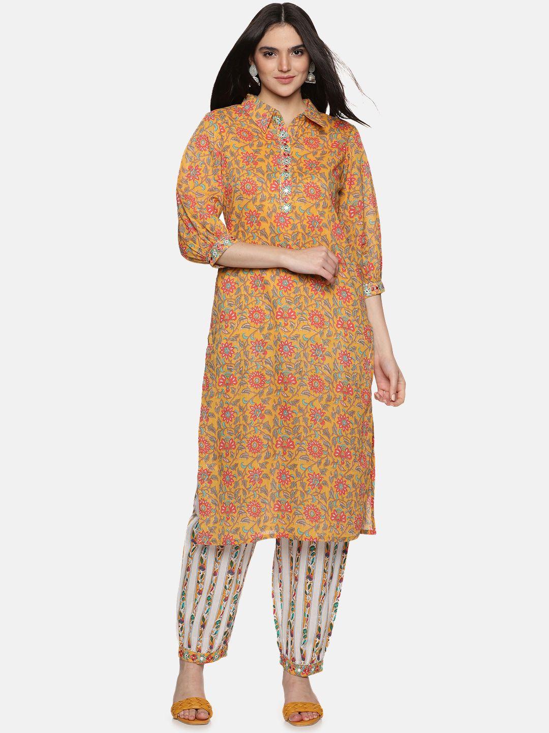 palakh floral printed thread work pure cotton kurta with salwar