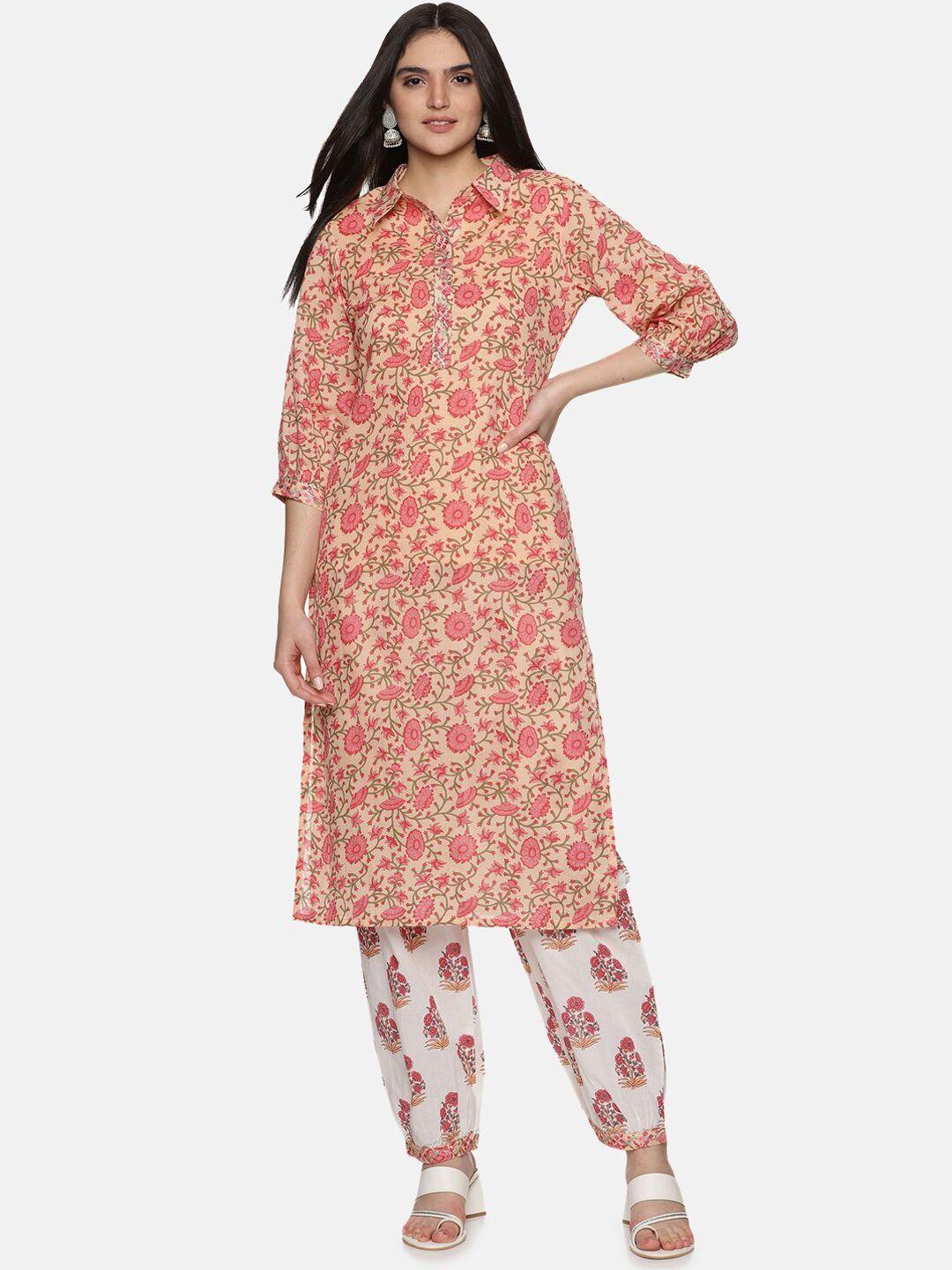 palakh floral printed thread work pure cotton kurta with salwar