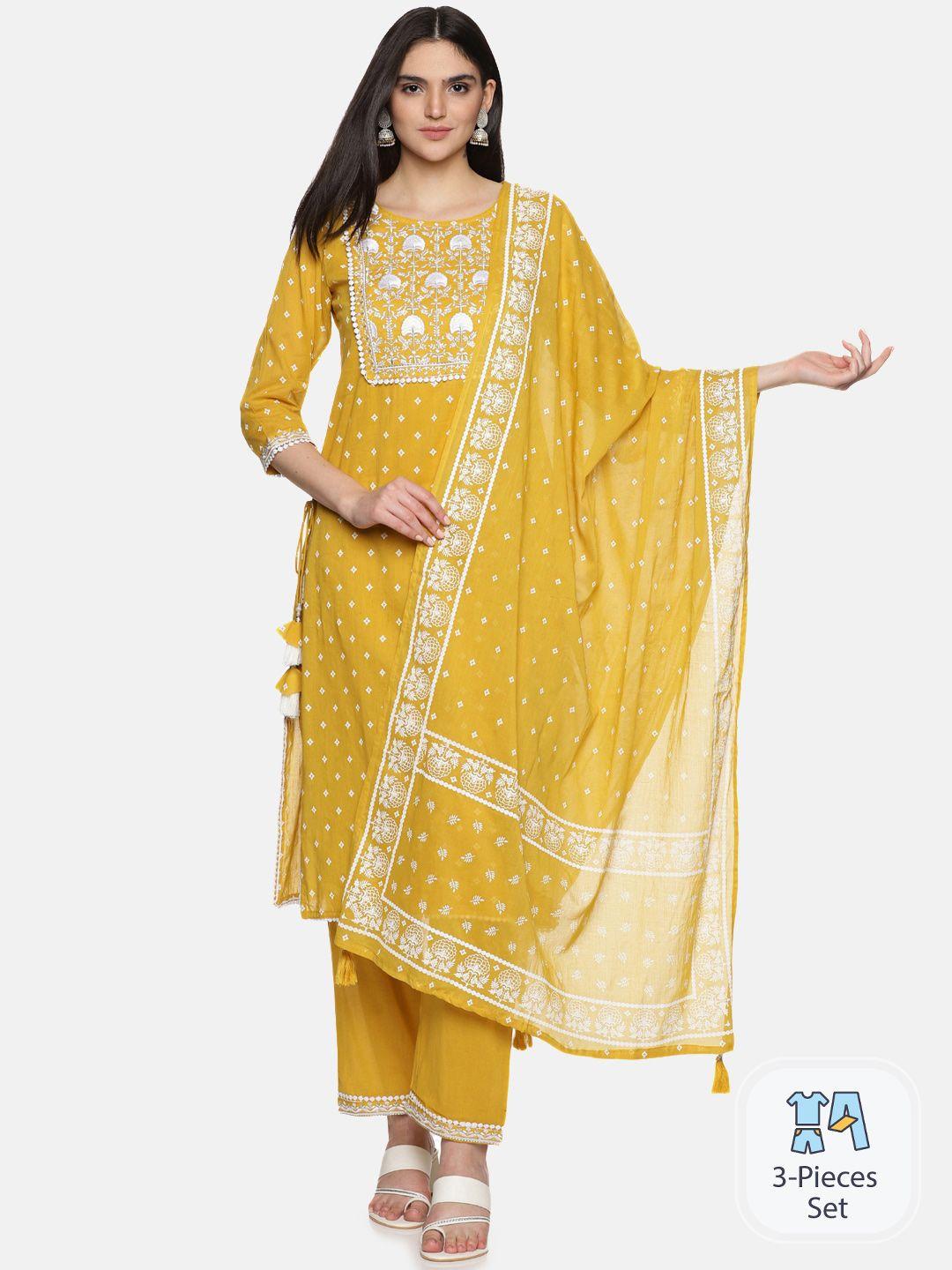 palakh geometric printed pure cotton kurta with trousers & dupatta