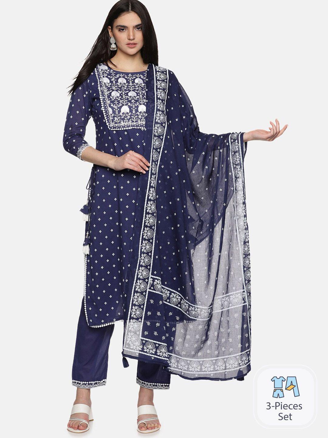 palakh geometric printed pure cotton kurta with trousers & dupatta