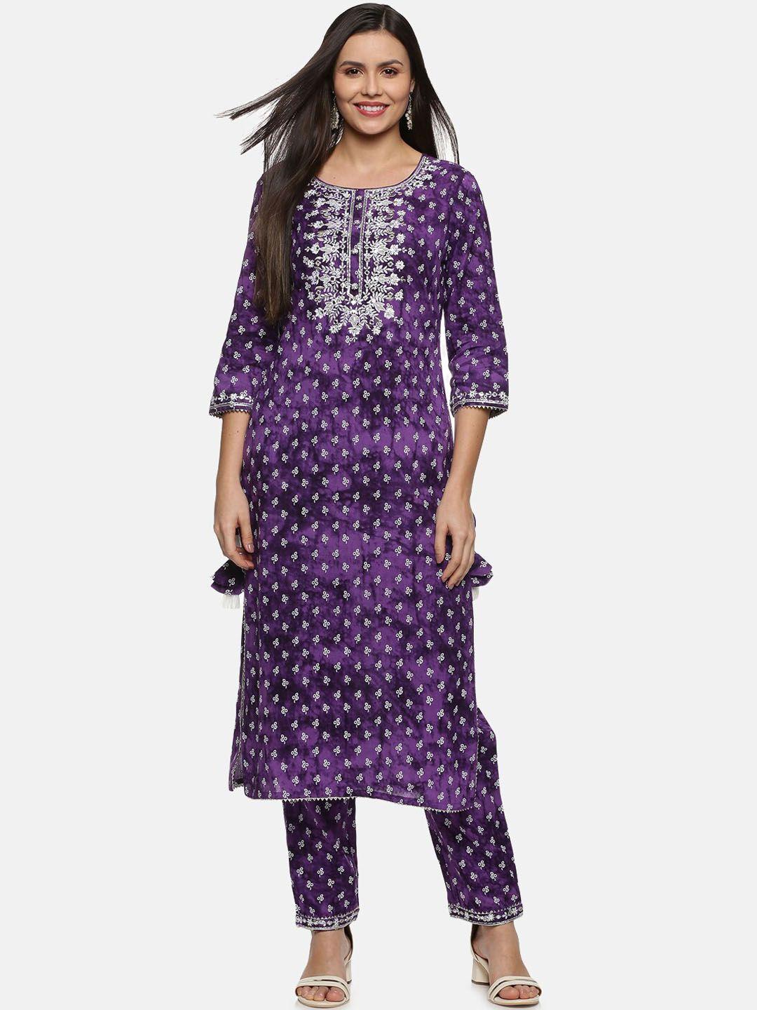 palakh women blue floral embroidered pure cotton kurta with trousers