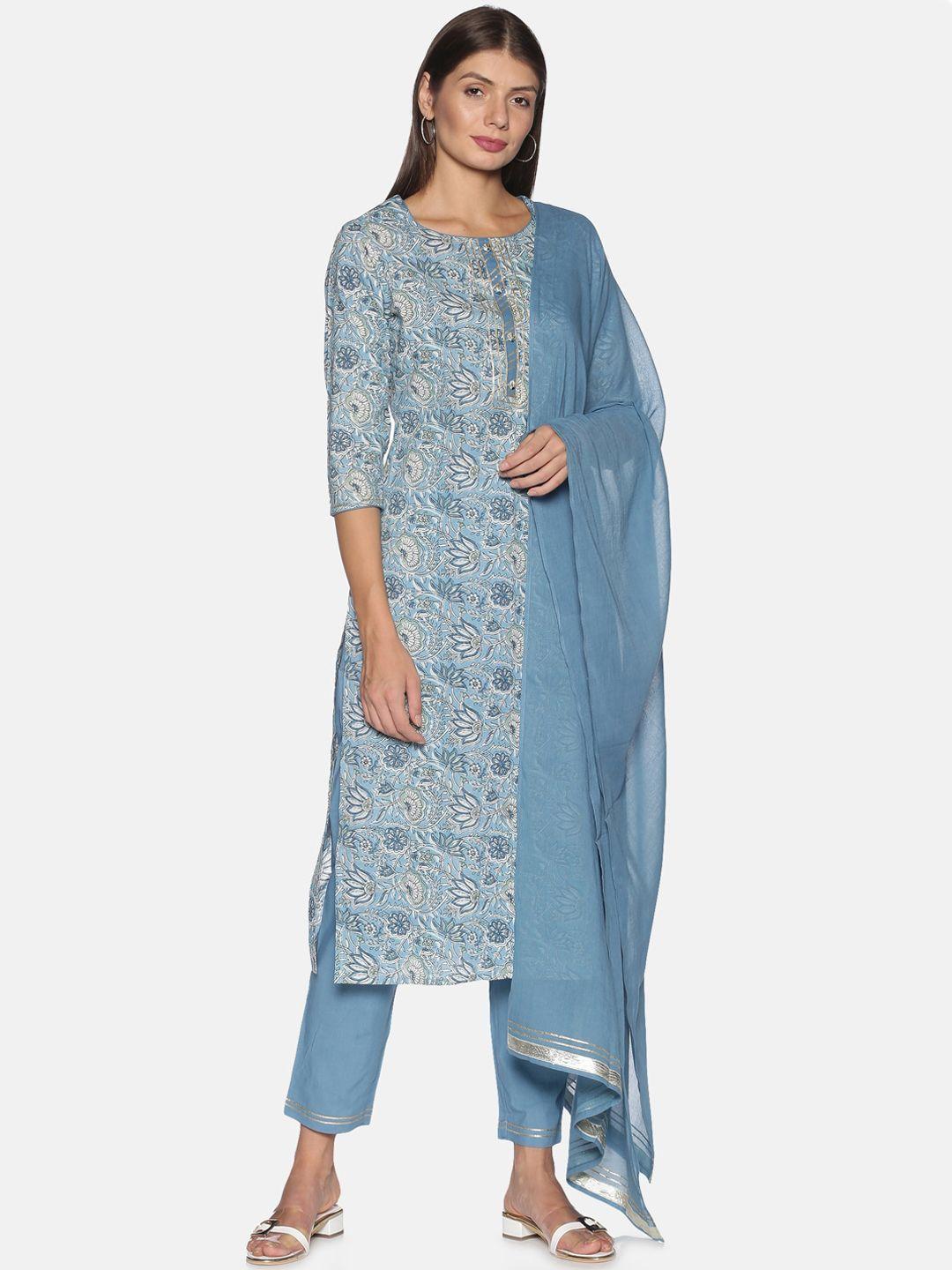 palakh women blue regular pure cotton kurta with trousers & with dupatta