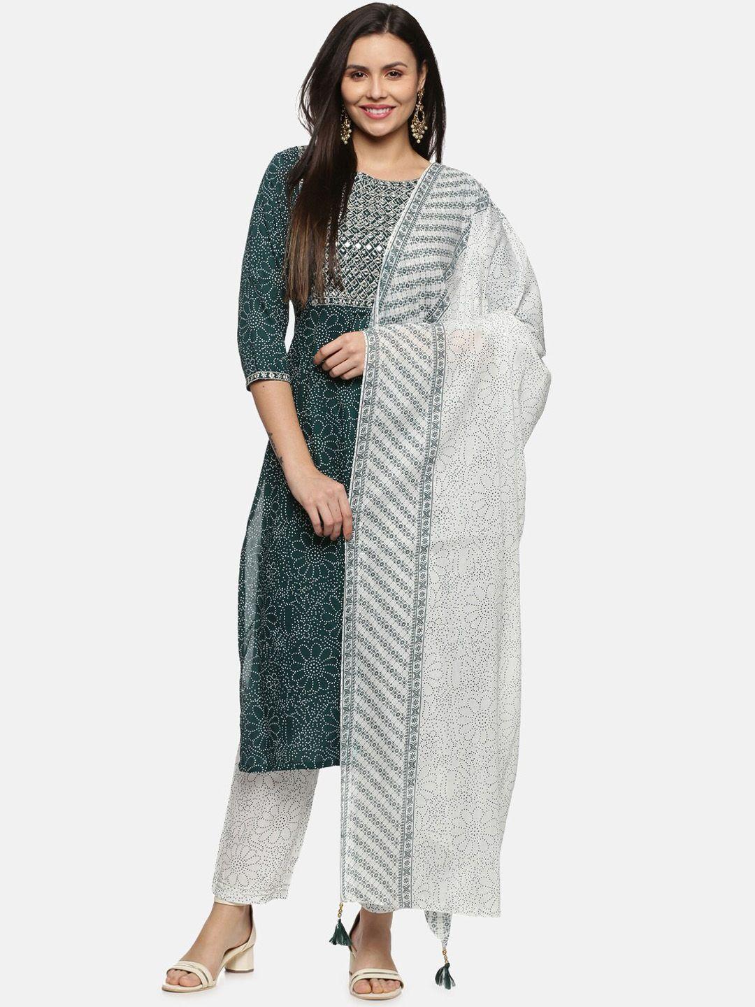 palakh women embroidered rayon straight kurta with trousers & with dupatta