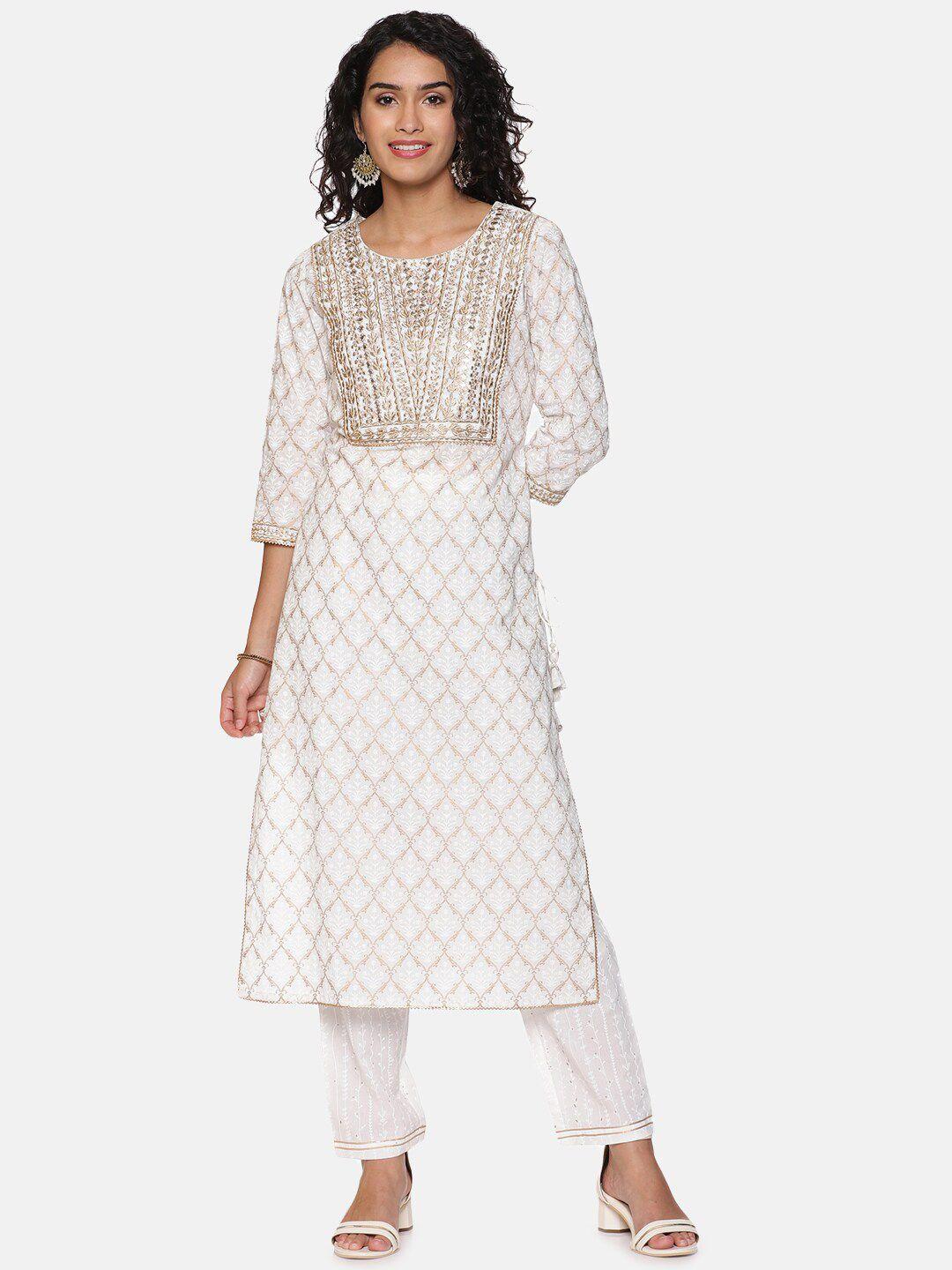 palakh women floral embroidered mirror work pure cotton kurta with trousers