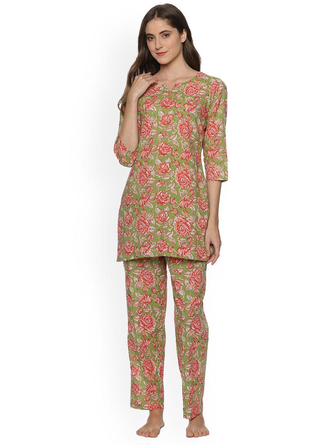 palakh women green & orange printed night suit