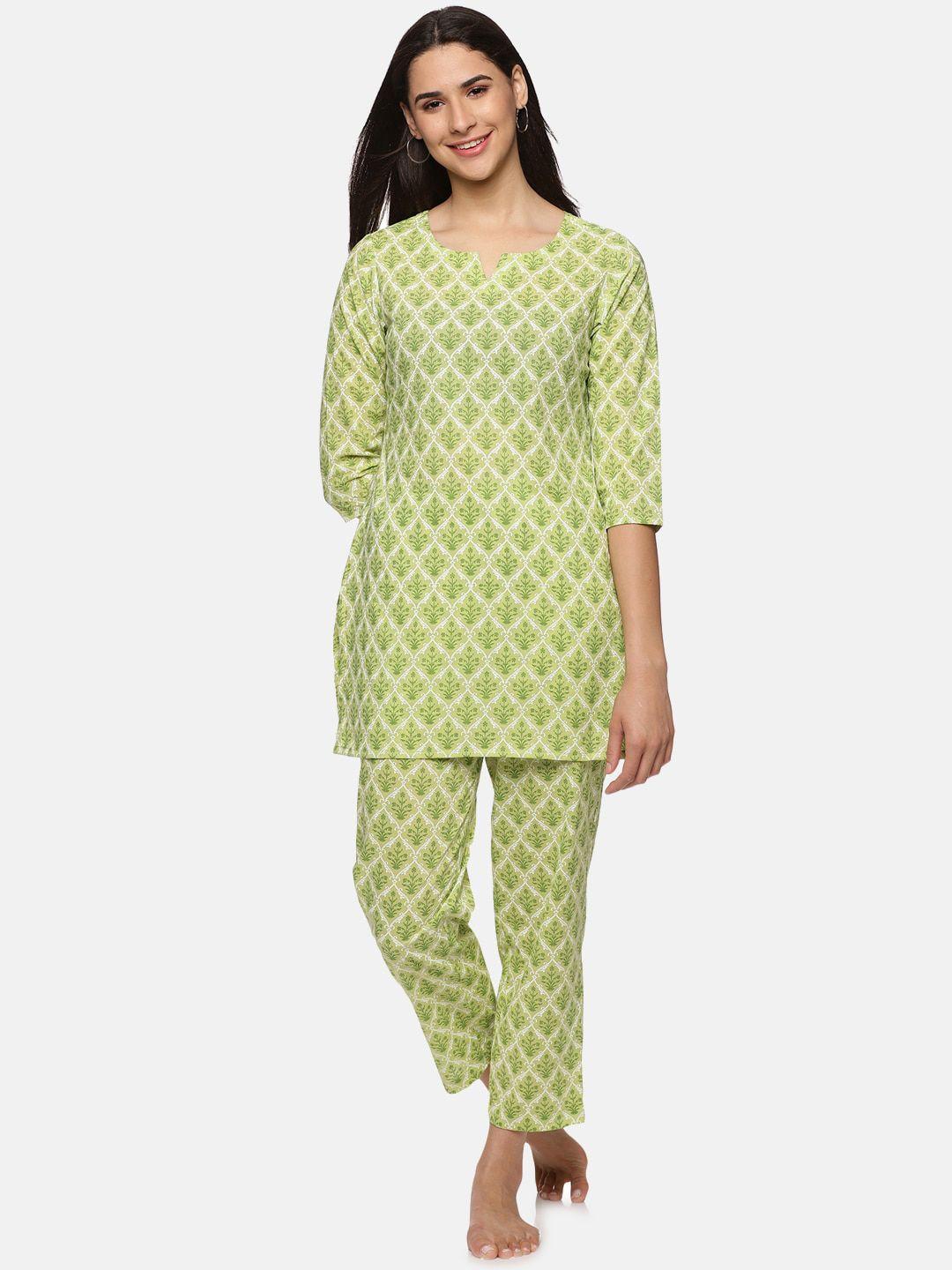 palakh women green & white printed pure cotton night suit