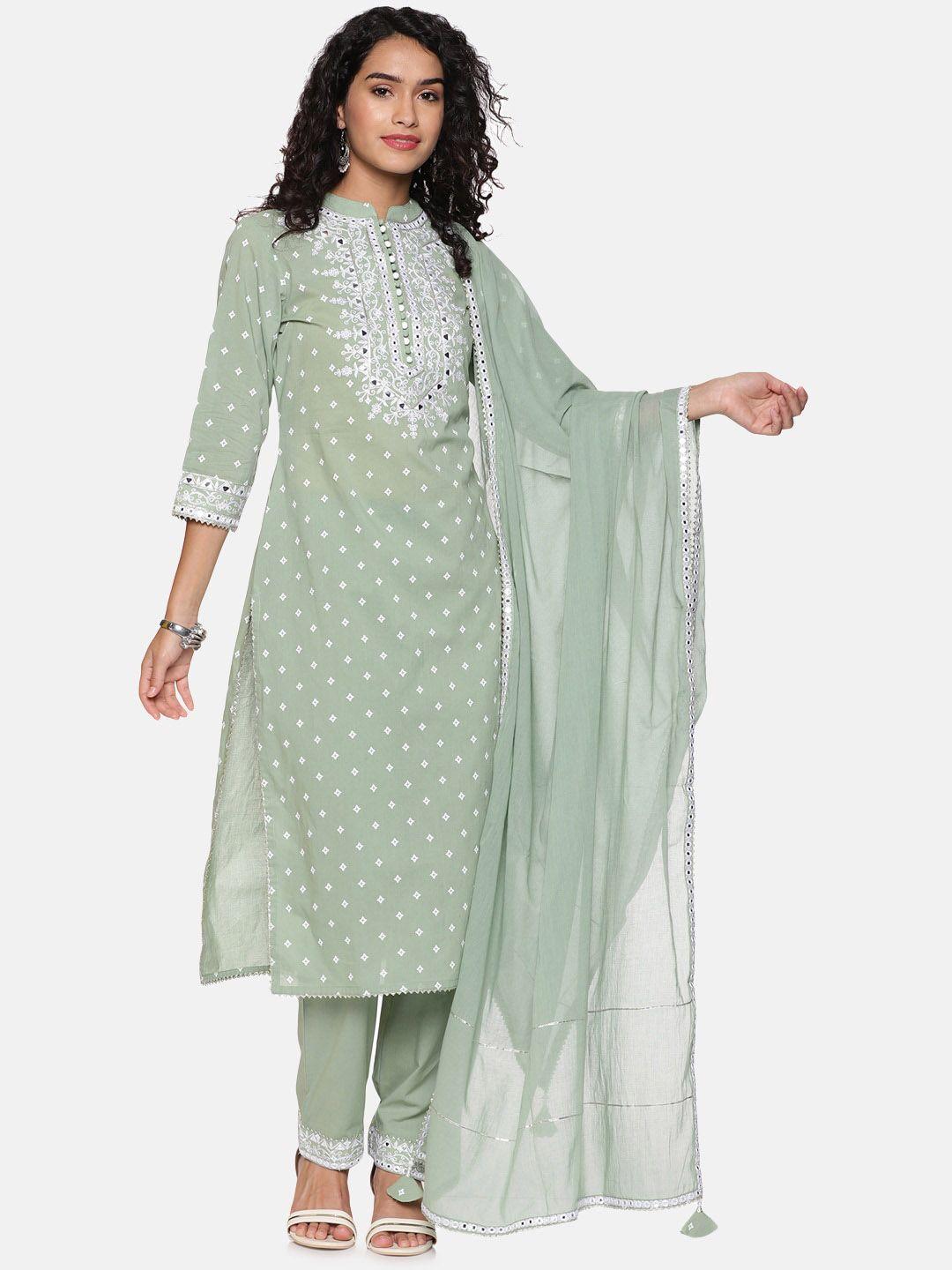 palakh women green ethnic motifs printed thread work pure cotton kurta with trousers & with dupatta