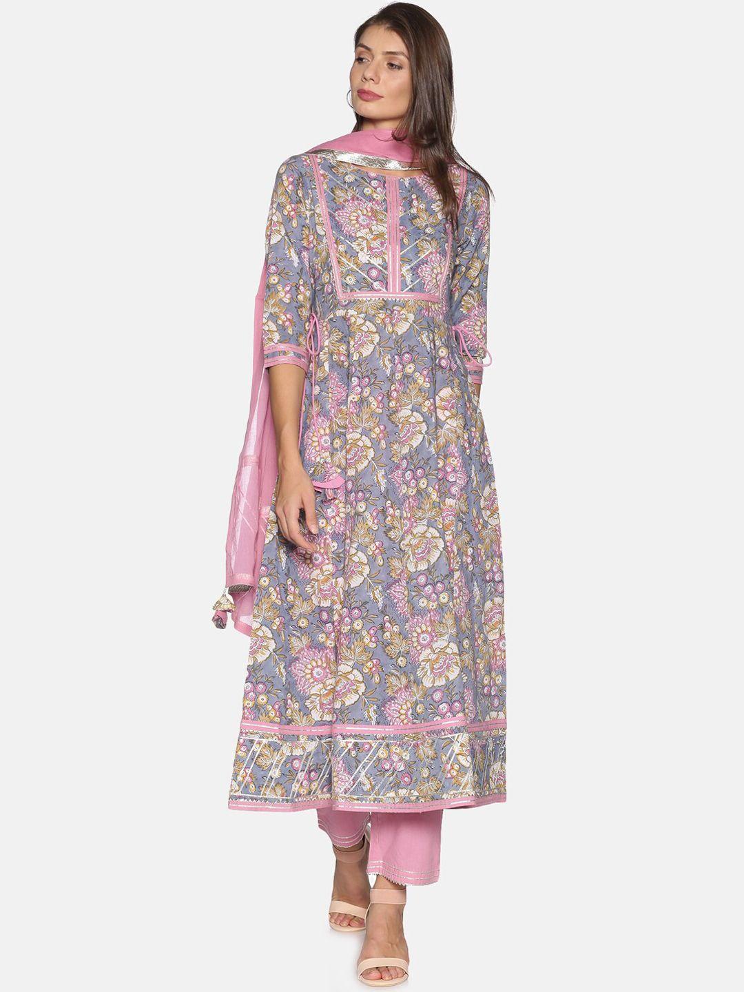 palakh women grey floral printed panelled pure cotton kurta & trousers with dupatta
