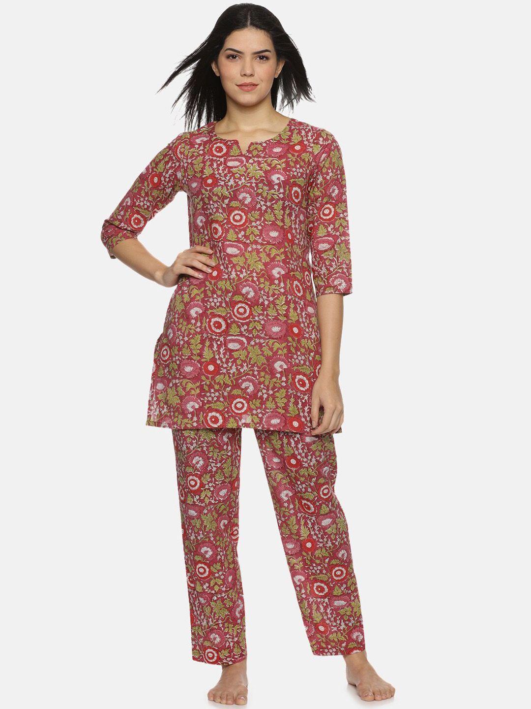 palakh women maroon & green printed night suit