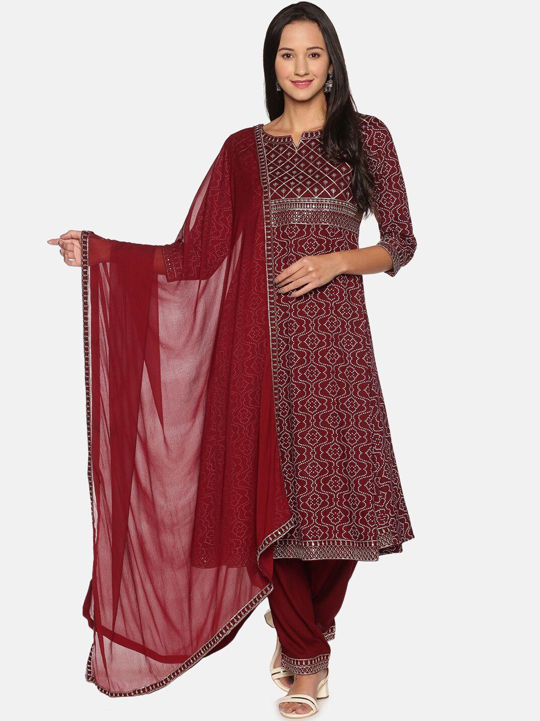 palakh women maroon bandhani printed regular thread work kurta with salwar & dupatta