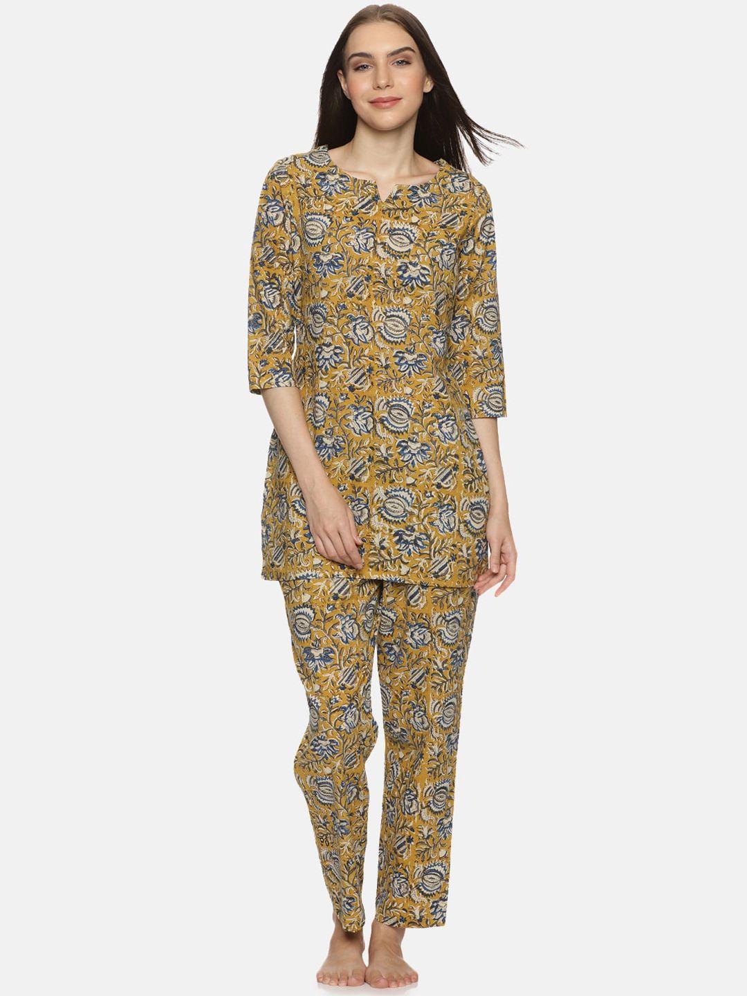 palakh women mustard & blue printed night suit