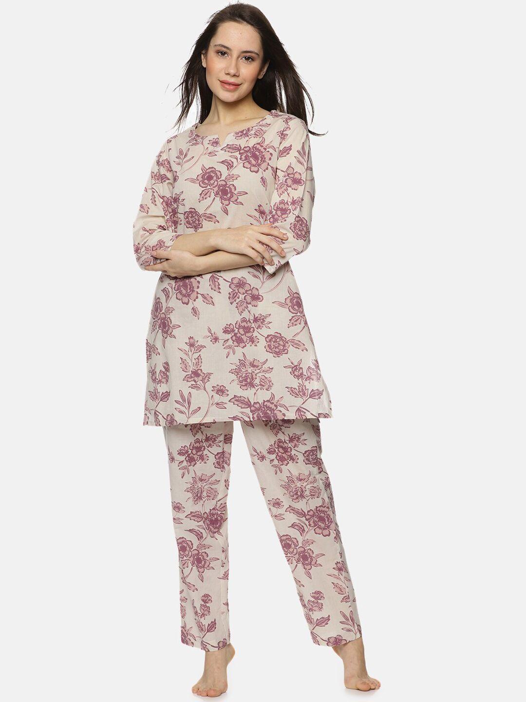 palakh women off white & brown printed night suit